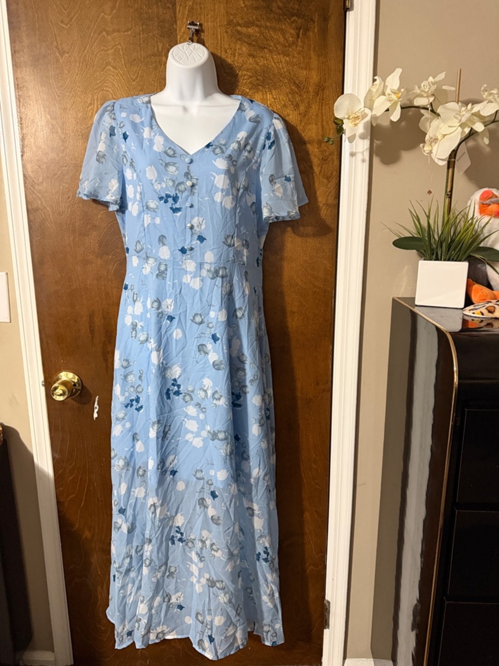 Light Blue Floral V-Neck Maxi Dress